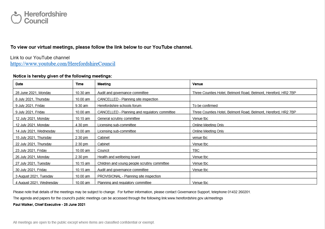 Picture of Notice of public meetings 8th March to 7th April 2021